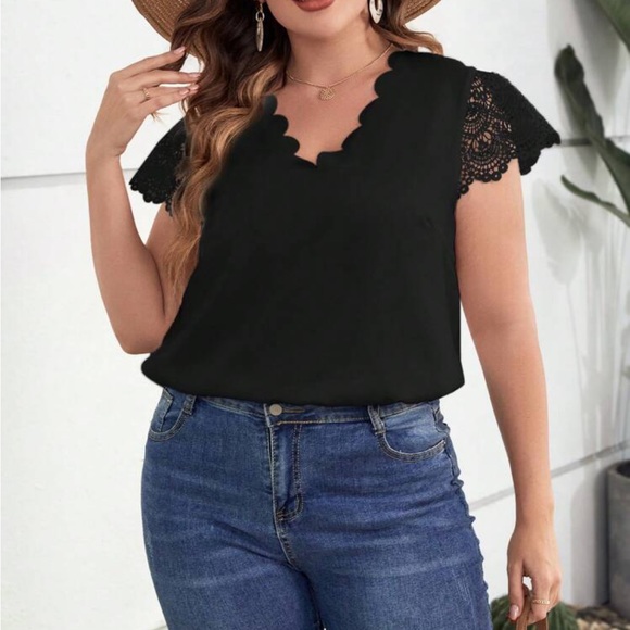 Plus Size Sheer Lace Sleeve Scallop Trim Top Blouse Shirt Green - Picture 9 of 16